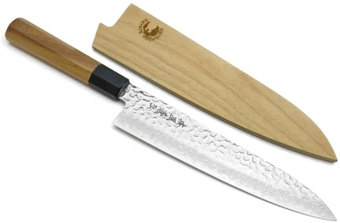 Yoshihiro VG10 46 Layers Hammered Damascus Gyuto Japanese Chefs Knife (Octagonal Ambrosia Handle) (8.25 (210mm)