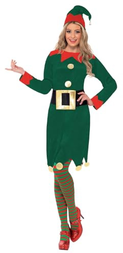 Smiffys Women’s Elf Costume, Green & Red Christmas Fancy Dress Outfit - Dress, Hat & Belt, Office Christmas Parties, Festive Celebrations, Holiday Events & Santa’s Workshop Fancy Dress, Medium