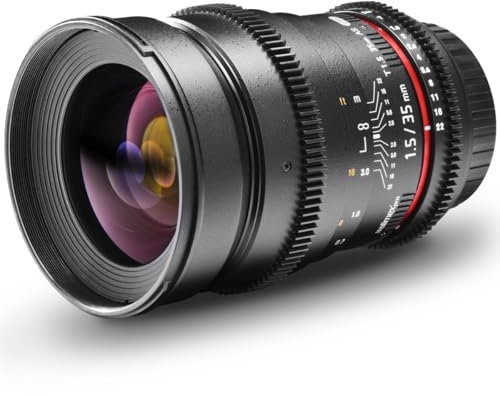 Walimex pro 35mm 1:1,5 VDSLR Objetivo para Foto y Video (Rosca de Filtro de 77mm, Parasol, Anillo dentado, Apertura y Enfoque continuos) para Montura Compatible con Nikon F, Negro