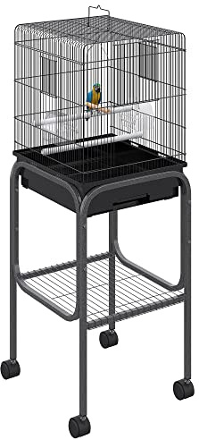 Pawhut 45-inch Metal Indoor Bird Cage, Parrot Cage, Bird Aviary with Detachable Rolling Stand, Storage Basket, and Accessories - Black