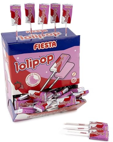 FIESTA Lolipop Caramelo Masticable con Palo Sabor Fresa - Caja de 100 unidades