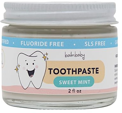 BALM! Baby Kids All Natural Fluoride Free Toothpaste with Xylitol, SLS Free, Vegan, Gluten Free, BPA Free, Zero Waste, Mint, 2 fl oz