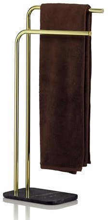kela Handtuchhalter stehend 82,5cm, Handtuchständer mit Marmorfuß & 2 Handtuchstangen, LIRON, Handtuchhalter schwarz - gold
