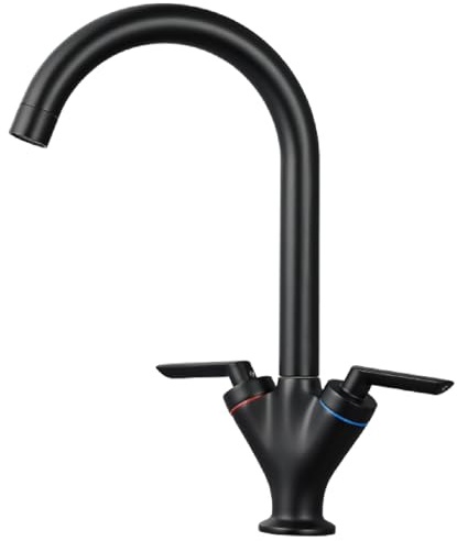 Black Kitchen Taps Hapilife Twin Lever Kitchen Mixer Tap Swivel Spout Modern Swan Dual Lever Kitchen Sink Tap Mixer Matt Black, DT03E