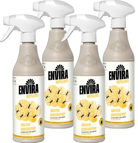 Envira Ameisen Abwehrspray 4x 500 ml - Spray mit Langzeitwirkung gegen Wegameisen, Pharaoameisen - Mittel gegen Ameisen für Wohnung, Balkon, Terrasse, Garten - Effektiv loswerden