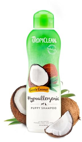 TropiClean Dog Shampoo Grooming Supplies - Hypoallergenic Puppy & Kitten Shampoo Gentle Cleansing for Sensitive Skin - Derived from Natural Ingredients - Used by Groomers - Gentle Coconut, 355ml
