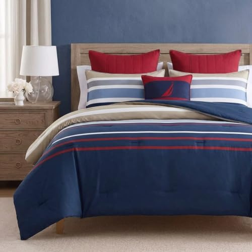 Nautica - Twin Duvet Cover Set, Cotton Reversible Bedding with Button Closure, Casual Home Decor (Bradford Navy/Khaki, Twin)