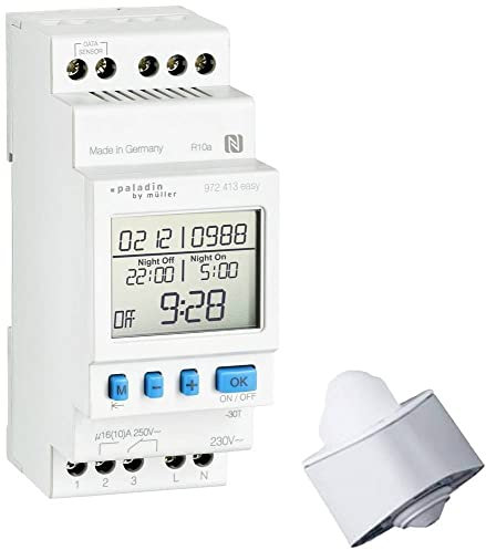 Paladin Interrupteur crépusculaire numérique avec programme quotidien, 1 ampère, 1 voie, montage panneau, bouton poussoir, normalement ouvert, automatique, 1 unité