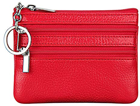 Women's Genuine Leather Coin Purse Mini Pouch Change Wallet with Keychain,red