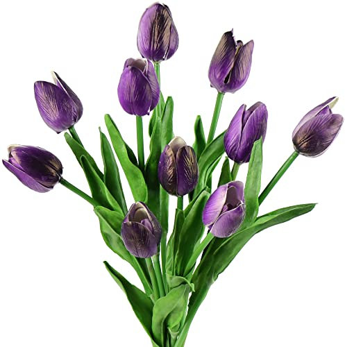 FiveSeasonStuff 10 Stems of Real Touch Tulip Artificial Flowers Bouquet, Perfect for Wedding, Bridal, Party, Home, Holidays, Garden, Birthday, Office Décor DIY (Purple)