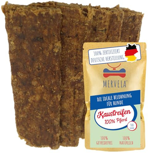 MERVELA® Pferd Fleischstreifen | 500 Gramm [Qualität aus Deutschland ] für Allergiker Hunde | Belohnung | Trainingssnack | getreidefrei | Hundesnack