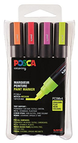 POSCA 182505 - POSCA Marker mit mittelfeiner Rundspitze, 4er Set, neon, Neonrot, Rosa, Orange, Neongelb