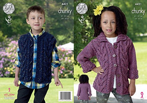 King Cole Kids Knitting Pattern Girls Boys Cable Detail Jacket & Gilet Chunky Tweed (4421)