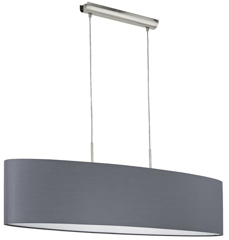 Eglo Lámpara de techo Pasteri, lámpara colgante textil de 2 focos, lámpara colgante ovalada de acero y tela, color níquel mate, gris, portalámparas E27, L 100 cm