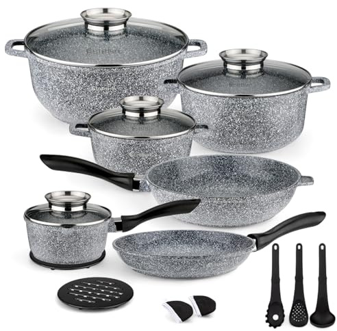 EliteHoff Induktion kastrullset, 17-delat köksredskapsset, kastrull och stekpanneset med lock, kastrull aluminium, non-stick köksredskap för alla typer av spisar, diskmaskinssäker och PFOA-fri (grå, E