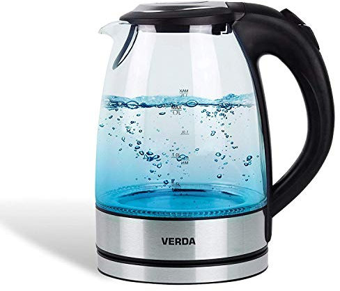 Wasserkocher 1,7L (2200W) Edelstahl, LED-Beleuchtung, OneTouch-Verschluss, Kalkfilter, Kabelaufwicklung, Glas, 100% BPA FREI,360° SN0617L