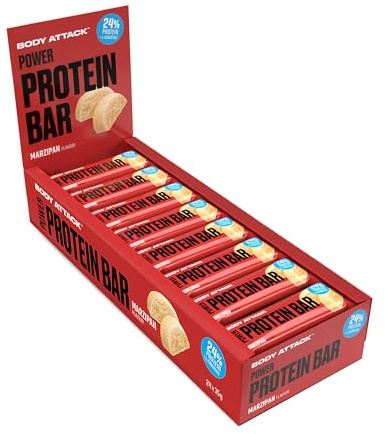 Body Attack Proteinriegel - Marzipan, 24 x 35 g - Fitness Protein Riegel fettarm - Eiweißriegel mit wichtigen Vitaminen, L-Carnitin & 25% hochwertigem Milcheiweiß - Made in Germany