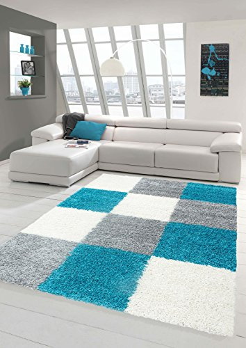 Shaggy Hochflor Langflor Teppich Wohnzimmer Gemustert in Karo Design Türkis Grau Creme - Größe 80x150 cm