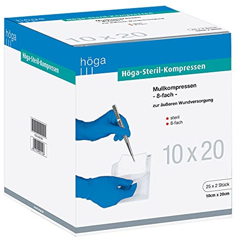Höga Steril-Kompressen, sterile Mullkompressen - 10 x 20 cm - 25x2 Stück, steril, 8-fach, EN 14079-Typ 17