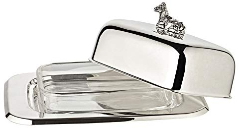 EDZARD Butterdose Kuh, 13 x 18 cm, Höhe 8 cm, edel versilbert, hochglanzpoliert, mit Glasschale, inklusive Buttermesser, für 250 Gramm Butter