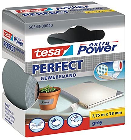 tesa Extra Power Perfect - Cinta de Reparación Reforzada en Tela para Confeccionar, Reparar, Fijar, Reforzar y Etiquetar - Gris - 2.75 m x 38 mm