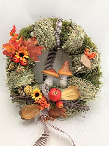 Tisch- oder Türkranz rund ø 28 cm - Kranz aus Naturmaterialien mit Pilzdekor - Frühling - Sommer - Herbst als Willkommensgruß (Art. 847)