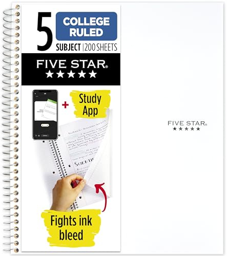 Five Star Spiral Notebook + Study App, 5 Subject, College Ruled Paper, Fights Ink Bleed, Water Resistant Cover, 8-1/2 x 11, 200 Sheets, White (72460)
