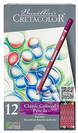 CRETACOLOR Karmina, lápices de artista resistentes al agua, 12 lápices de color, diseño hexagonal, para dibujar y pintar, material de artista, lápices de color, en estuche metálico