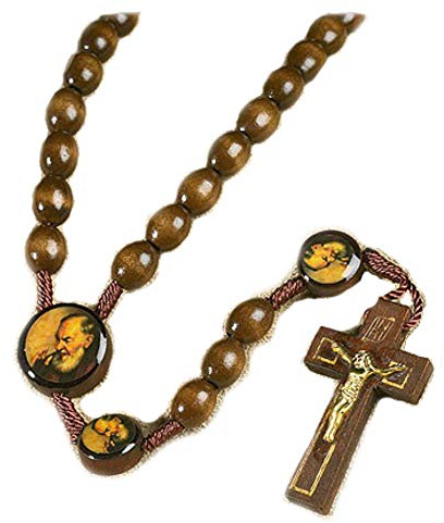 Autom Saint Padre Pio Pietrelcina 10MM Wood Bead 19 Cord Rosary with Prayer Card, Brown Wooden Religious/Devotional Unisex Necklace