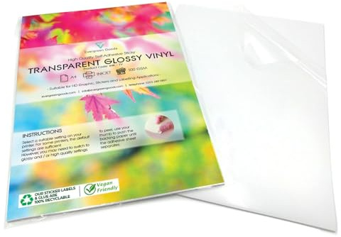 Evergreen Goods Ltd 20 ark A4 transparent glänsande vinylklistermärke etikett | självhäftande bläckstråleskrivare tryckbara klistermärken papper | tryckpapper för att skapa skyltar, etiketter och