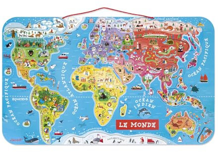 Janod - Puzzle Carte du Monde Magnétique en Bois - 92 Pièces Aimantées - 70 x 43 cm - Version Française - Jeu éducatif dès 7 ans, J05500 Argent Métallique
