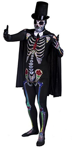 DAY OF THE DEAD COSTUME SUGAR SKULL SKELETON SKIN SUIT HALLOWEEN FANCY DRESS COSTUME FOR MEN - EXTRA TALL DELUXE BLACK FELT STOVEPIPE TOPHAT + WHITE SATIN BOWTIE + BLACK CAPE BY ILOVEFANCYDRESS® DIA DE LOS MUERTOS MEXICAN SPANISH SENOR (LARGE/XLARGE)