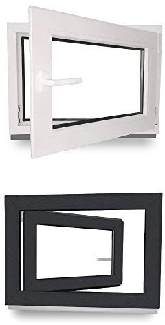 Kellerfenster - Kunststoff - Fenster - innen weiß, außen anthrazit - BxH: 90 x 60 cm - 900 x 600 mm - DIN Rechts - 3 fach Verglasung - 60 mm Profil