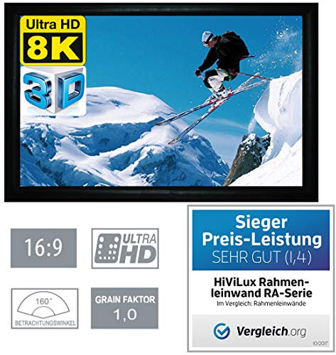HiViLux® Rahmenleinwand 6cm Rahmenstärke Tuch: HiViWhite Cinema 1,0/8K/4K/3D/auch für UST (16:9 127Zoll Bild:280x158cm)