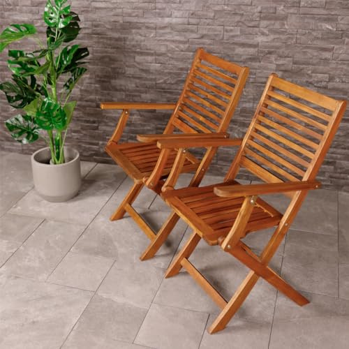 CHARLES BENTLEY FSC Certified Wooden, Pair of Folding Acacia Chairs, Foldable, Garden Seats, Outdoor Furniture, Easy To Fold, Lightweight, Slatted Design, Oil Coated Colour, Compact (87x53x52cm)
