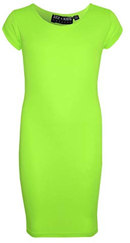A2Z 4 Kids Bodycon Midi Dress Short Sleeve Long Length Plain Dresses - New Midi Dress Neon Green 9-10