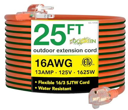 Go Green Power Inc. 16/3 25ft Outdoor Extension Cord with Lighted End - Contractor Grade, Durable, and Moisture Resistant - Ideal for Heavy Duty Tools - GG-13725