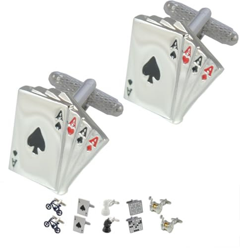 COLLAR AND CUFFS LONDON Gemelli Camicia Uomo Argento Colorato - con Scatola - Quattro Assi - Ottone - Carte Gioco Giochi Poker Magia Mago - Un Paio
