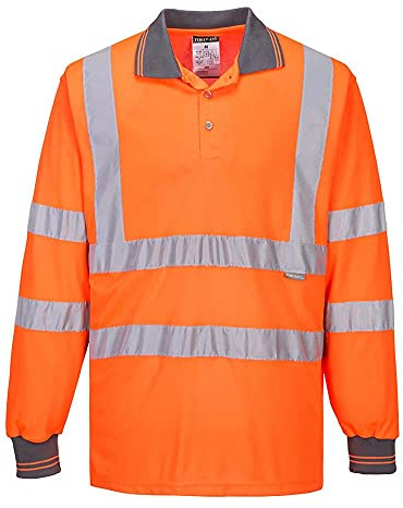 Portwest S277 Men's Hi Vis Long Sleeve Polo Shirt - Reflective High Viz Outdoor Safety Security Workwear Top, Orange, XXL