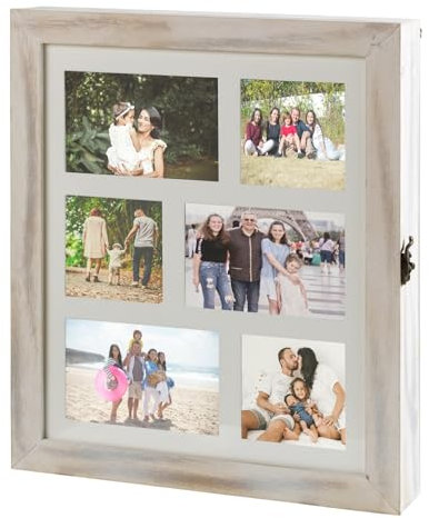 Schlüsselkasten Schlüsselbox Schlüsselschrank Schlüsselbrett mit 18 Schlüsselhaken | Holz | Weiß | Integrierter Bilderrahmen für 6 Bilder