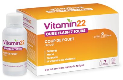 VITAMIN' 22 - Cure flash 7 jours - Coup de fouet - 22 vitamines & minéraux - Ginseng, Maca, Guarana - Réduit la fatigue mentale & Soutient les défenses naturelles - Goût orange - 7 shots unidoses