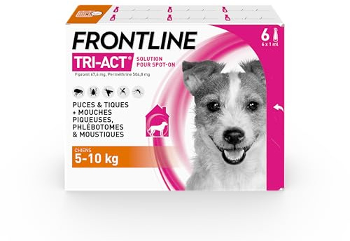 FRONTLINE Tri-Act Chien - Anti Puces, Tiques, Moustiques, Phlébotomes & Mouches - Traitement Radical En 6h - Pour Petit Chien De 5 à 10 kg - Fabriqué En France - 6 Pipettes Application Spot On