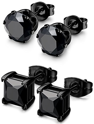 BESTEEL 2Pairs Hypoallergenic Black Stud Earrings for Men Women 316L Stainless Steel Square Round CZ Mens Earrings Studs Jewelry Set for Sensitive Ears Black-6mm