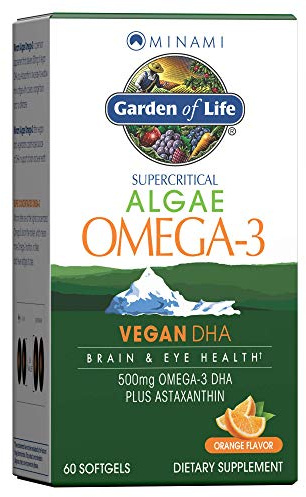 Garden of Life Minami Algae Omega 3 Vegan DHA for Brain and Eye Health - Orange Flavor, 500mg Plant Based DHA Omega-3 Vegan Algae Oil plus Astaxanthin, No aftertaste, 60 easy-to-swallow Mini Softgels