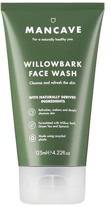 ManCave Limpiador Facial Hombre 125 ml, Corteza de Sauce, Té Verde y Extracto de Espinaca, Purifica y Desintoxica, Sin Sulfatos, Vegano, Fabricado en UK