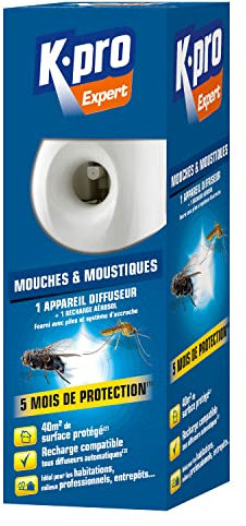 K.PRO Expert - Spray Aérosol Anti Mouches et Moustiques - Diffusion Automatique Programmable - Action Rapide - Technique Professionnelle - Protection 5 mois - Pour une surface de 40m2