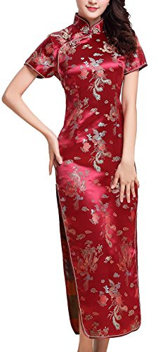 UK Seller Burgundy Dragon & Phoenix Chinese Long Evening Party Dress Cheongsam Qipao Despatch Same Working Day (UK 12)