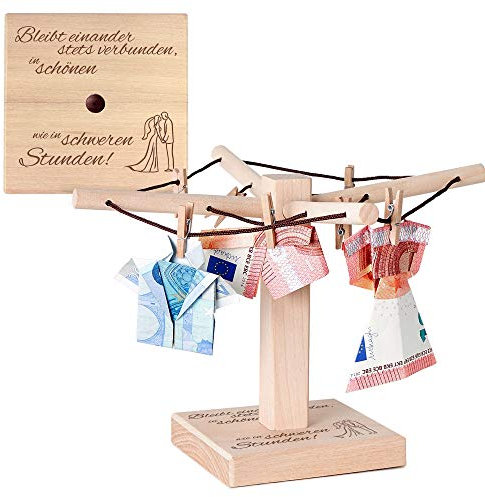 Casa Vivente Wäsche-Spinne aus Holz mit Gravur zur Hochzeit, Motiv Brautpaar, Verpackung für Geldgeschenke, Maße: 20 x 12 cm