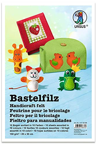 Ursus 4170099 - Bastel-Filz Intensiv, 150 g/qm, ca. 20 x 30 cm, Bogen Filzstoff Sortiert in 10 Farben, ideal für kreatives Basteln, bunt