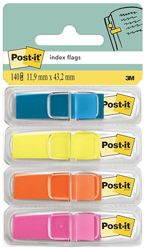 Post-it Marque-pages Étroits, Petits, 4 Dévidoirs, 35 Marque-pages par Dévidoir (11,9 x 43,2 mm), Couleurs Bleu, Jaune, Orange et Rose – Parfaits pour Marquer, Surligner ou Organiser vos Documents